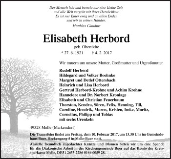 Traueranzeige von Elisabeth Herbord von Neue Osnabrücker Zeitung GmbH & Co. KG