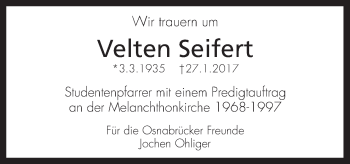 Traueranzeige von Velten Seifert von Neue Osnabrücker Zeitung GmbH & Co. KG