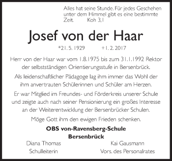 Traueranzeige von Josef  von der Haar von Neue Osnabrücker Zeitung GmbH & Co. KG