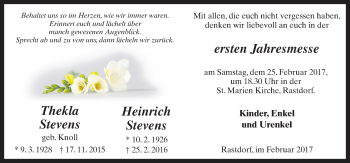 Traueranzeige von Thekla und Heinrich Stevens von Neue Osnabrücker Zeitung GmbH & Co. KG