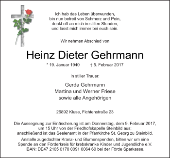 Traueranzeige von Heinz Dieter Gehrmann von Neue Osnabrücker Zeitung GmbH & Co. KG