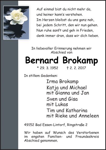 Traueranzeige von Bernard Brokamp von Neue Osnabrücker Zeitung GmbH & Co. KG