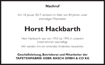 Traueranzeige von Horst Hackbarth von Neue Osnabrücker Zeitung GmbH & Co. KG