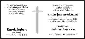Traueranzeige von Karola Egbers von Neue Osnabrücker Zeitung GmbH & Co. KG
