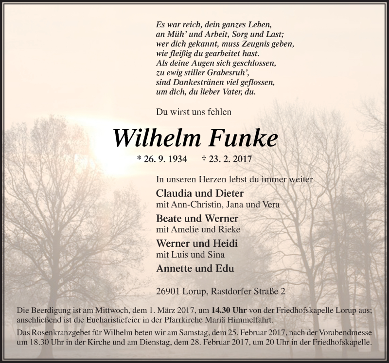  Traueranzeige für Wilhelm Funke vom 25.02.2017 aus Neue Osnabrücker Zeitung GmbH & Co. KG