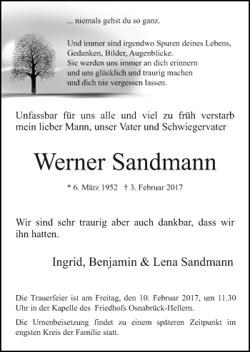 Traueranzeige von Werner Sandmann von Neue Osnabrücker Zeitung GmbH & Co. KG