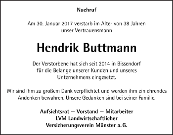 Traueranzeige von Hendrik Buttmann von Neue Osnabrücker Zeitung GmbH & Co. KG