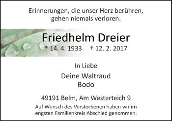 Traueranzeige von Friedhelm Dreier von Neue Osnabrücker Zeitung GmbH & Co. KG