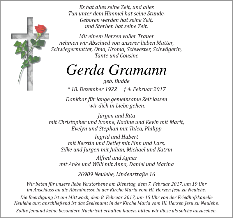  Traueranzeige für Gerda Gramann vom 06.02.2017 aus Neue Osnabrücker Zeitung GmbH & Co. KG
