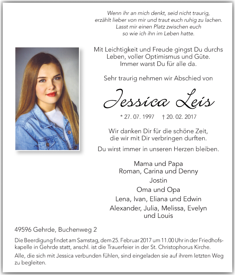  Traueranzeige für Jessica Leis vom 24.02.2017 aus Neue Osnabrücker Zeitung GmbH & Co. KG