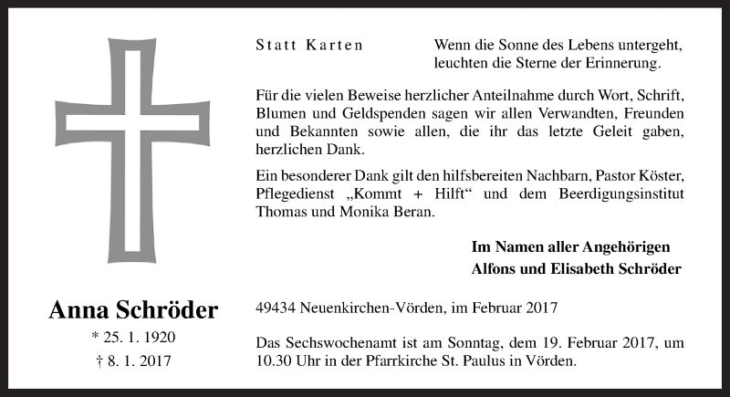  Traueranzeige für Anna Schröder vom 17.02.2017 aus Neue Osnabrücker Zeitung GmbH & Co. KG