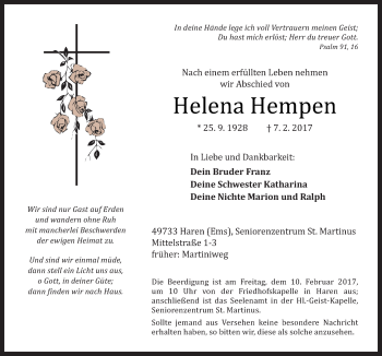 Traueranzeige von Helena Hempen von Neue Osnabrücker Zeitung GmbH & Co. KG
