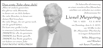 Traueranzeige von Liesel Meyering von Neue Osnabrücker Zeitung GmbH & Co. KG