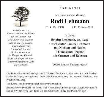 Traueranzeige von Rudi Lehmann von Neue Osnabrücker Zeitung GmbH & Co. KG