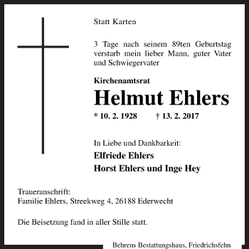 Traueranzeige von Helmut Ehlers von Neue Osnabrücker Zeitung GmbH & Co. KG