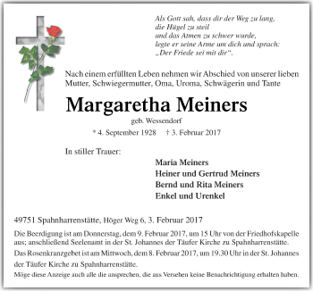 Traueranzeige von Margaretha Meiners von Neue Osnabrücker Zeitung GmbH & Co. KG