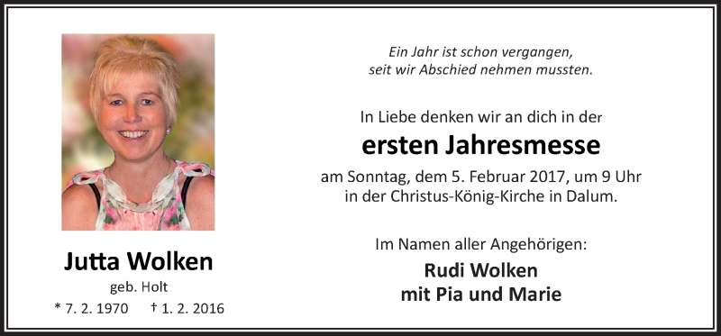  Traueranzeige für Jutta Wolken vom 01.02.2017 aus Neue Osnabrücker Zeitung GmbH & Co. KG