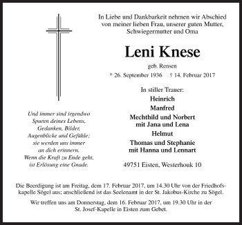 Traueranzeige von Leni Knese von Neue Osnabrücker Zeitung GmbH & Co. KG