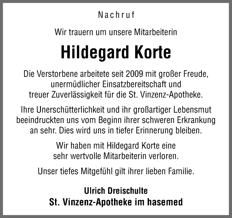  Traueranzeige für Hildegard Korte vom 25.02.2017 aus Neue Osnabrücker Zeitung GmbH & Co. KG
