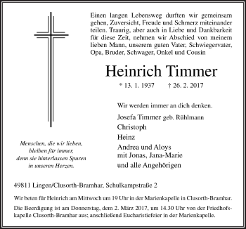 Traueranzeige von Heinrich Timmer von Neue Osnabrücker Zeitung GmbH & Co. KG