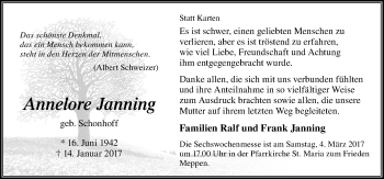 Traueranzeige von Annelore Janning von Neue Osnabrücker Zeitung GmbH & Co. KG