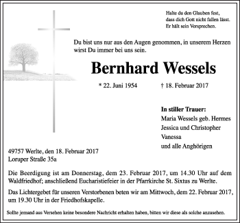 Traueranzeige von Bernhard Wessels von Neue Osnabrücker Zeitung GmbH & Co. KG
