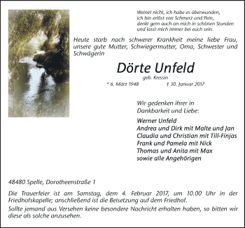 Traueranzeige von Dörte Unfeld von Neue Osnabrücker Zeitung GmbH & Co. KG