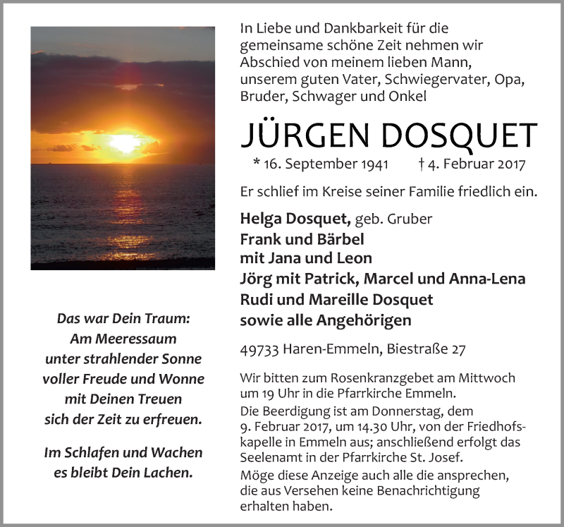  Traueranzeige für Jürgen Dosquet vom 07.02.2017 aus Neue Osnabrücker Zeitung GmbH & Co. KG