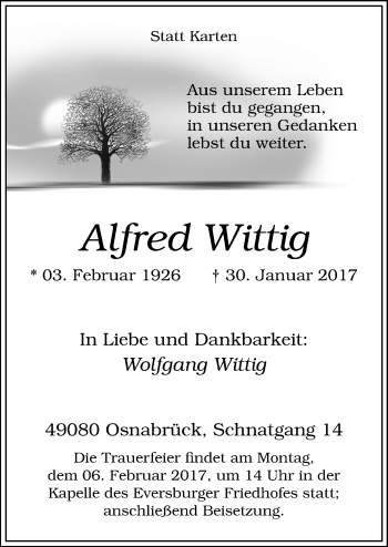 Traueranzeige von Alfred Wittig von Neue Osnabrücker Zeitung GmbH & Co. KG