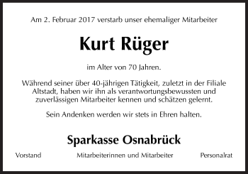 Traueranzeige von Kurt Rüger von Neue Osnabrücker Zeitung GmbH & Co. KG