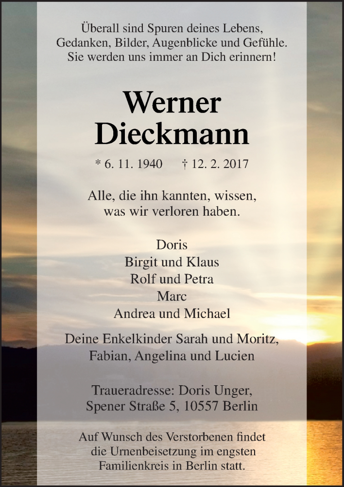  Traueranzeige für Werner Dieckmann vom 18.02.2017 aus Neue Osnabrücker Zeitung GmbH & Co. KG