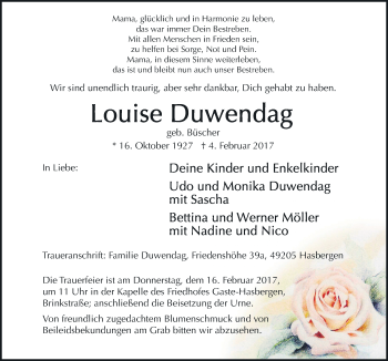 Traueranzeige von Louise Duwendag von Neue Osnabrücker Zeitung GmbH & Co. KG