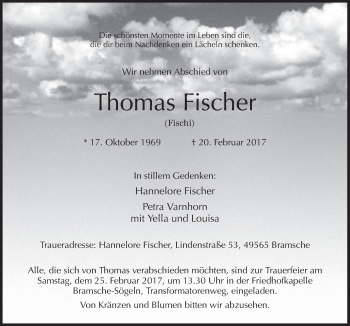 Traueranzeige von Thomas Fischer von Neue Osnabrücker Zeitung GmbH & Co. KG