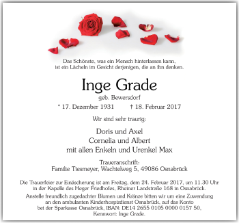 Traueranzeige von Inge Grade von Neue Osnabrücker Zeitung GmbH & Co. KG