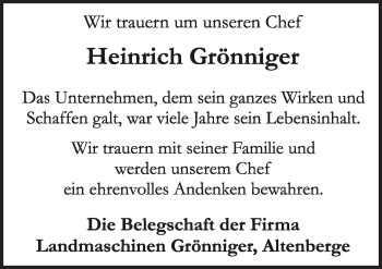 Traueranzeige von Heinrich Grönniger von Neue Osnabrücker Zeitung GmbH & Co. KG