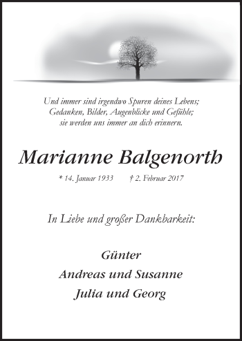 Traueranzeige von Marianne Balgenorth von Neue Osnabrücker Zeitung GmbH & Co. KG