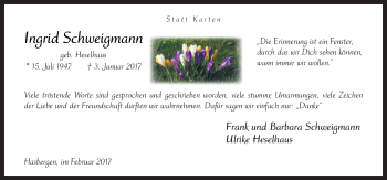 Traueranzeige von Ingrid Schweigmann von Neue Osnabrücker Zeitung GmbH & Co. KG