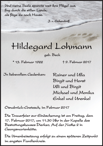 Traueranzeige von Hildegard Lohmann von Neue Osnabrücker Zeitung GmbH & Co. KG