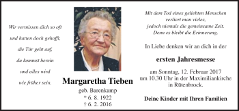 Traueranzeige von Margaretha Tieben von Neue Osnabrücker Zeitung GmbH & Co. KG