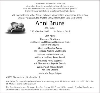 Traueranzeige von Anni Bruns von Neue Osnabrücker Zeitung GmbH & Co. KG