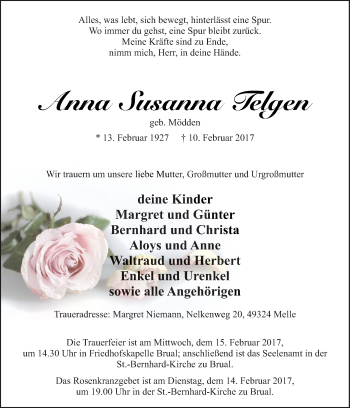 Traueranzeige von Anna Susanna Telgen von Neue Osnabrücker Zeitung GmbH & Co. KG