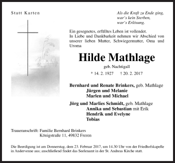 Traueranzeige von Hilde Mathlage von Neue Osnabrücker Zeitung GmbH & Co. KG