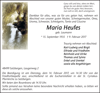 Traueranzeige von Maria Heufes von Neue Osnabrücker Zeitung GmbH & Co. KG