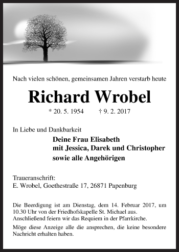 Traueranzeige von Richard Wrobel von Neue Osnabrücker Zeitung GmbH & Co. KG