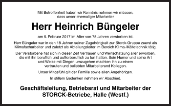 Traueranzeige von Heinrich Büngeler von Neue Osnabrücker Zeitung GmbH & Co. KG