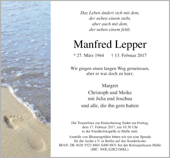 Traueranzeige von Manfred Lepper von Neue Osnabrücker Zeitung GmbH & Co. KG