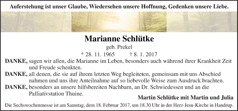  Traueranzeige für Marianne Schlütke vom 15.02.2017 aus Neue Osnabrücker Zeitung GmbH & Co. KG