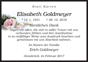 Traueranzeige von Elisabeth Goldmeyer von Neue Osnabrücker Zeitung GmbH & Co. KG