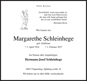 Traueranzeige von Margarethe Schleinhege von Neue Osnabrücker Zeitung GmbH & Co. KG