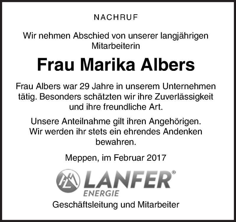  Traueranzeige für Marika Albers vom 16.02.2017 aus Neue Osnabrücker Zeitung GmbH & Co. KG
